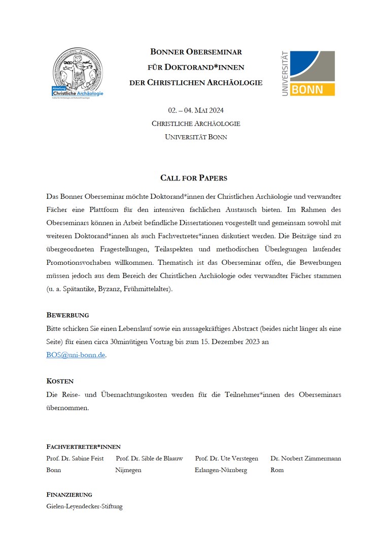 Bonner Oberseminar für Doktorand*innen der Christlichen Archäologie Bonner Oberseminar für Doktorand*innen der Christlichen Archäologie