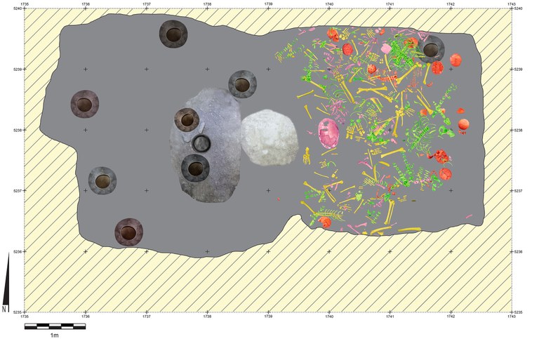 Uxul Mass Grave. Spatial distribution of bone elements in the artificial cave, Graphic. 