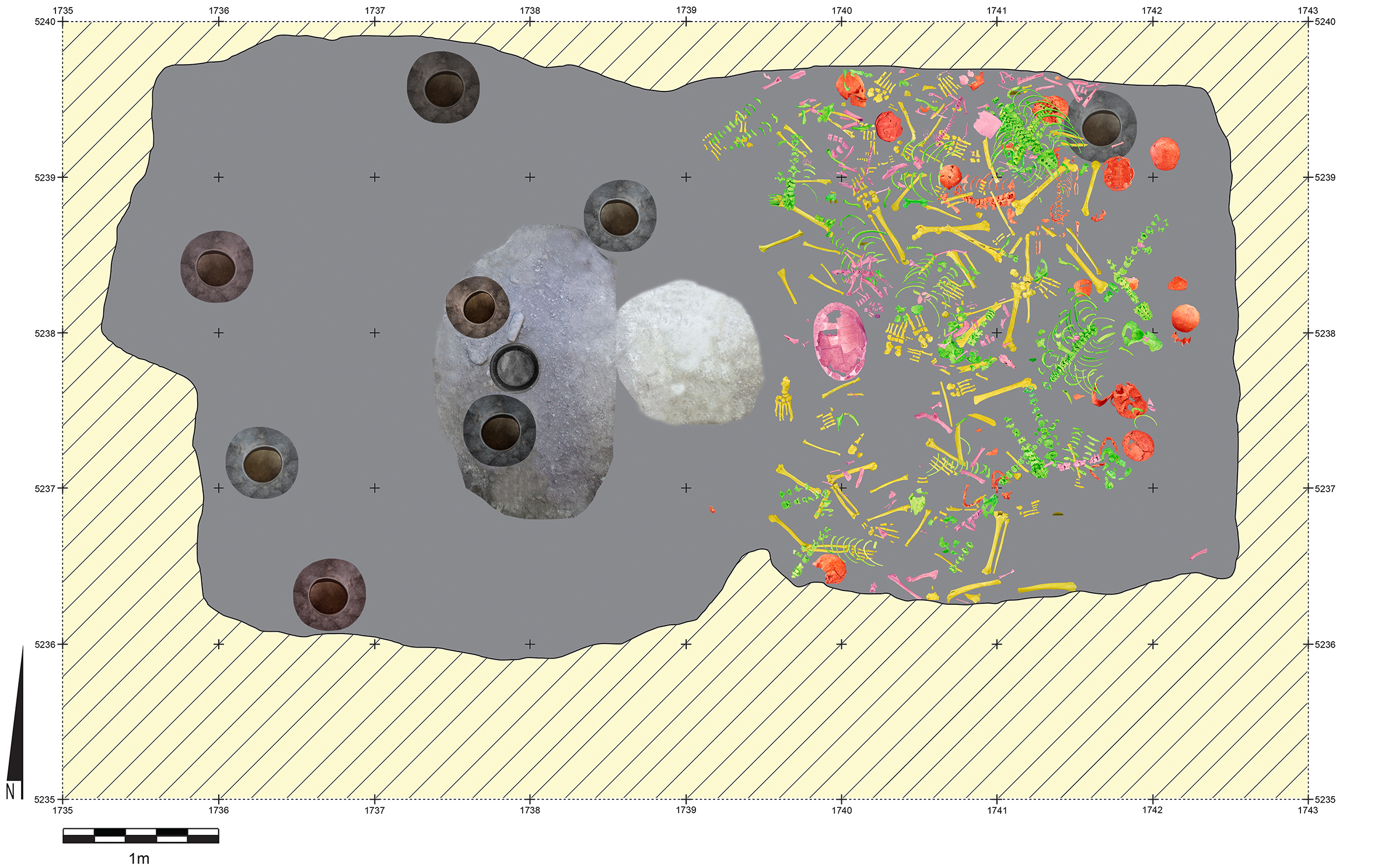 Uxul Mass Grave. Spatial distribution of bone elements in the artificial cave, Graphic. 