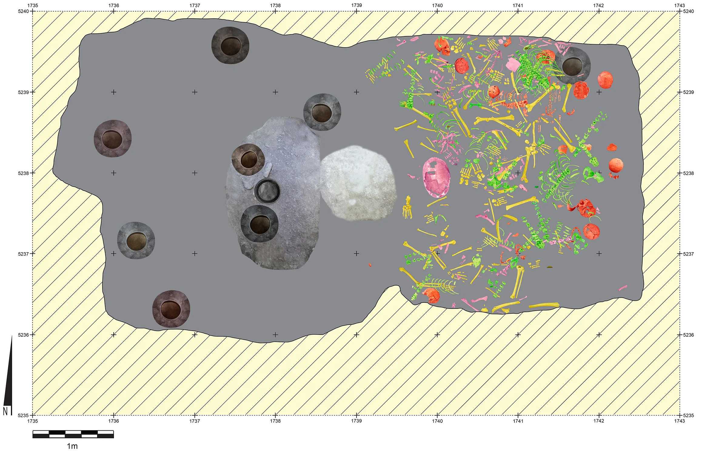Uxul Mass Grave. Spatial distribution of bone elements in the artificial cave, Graphic. 