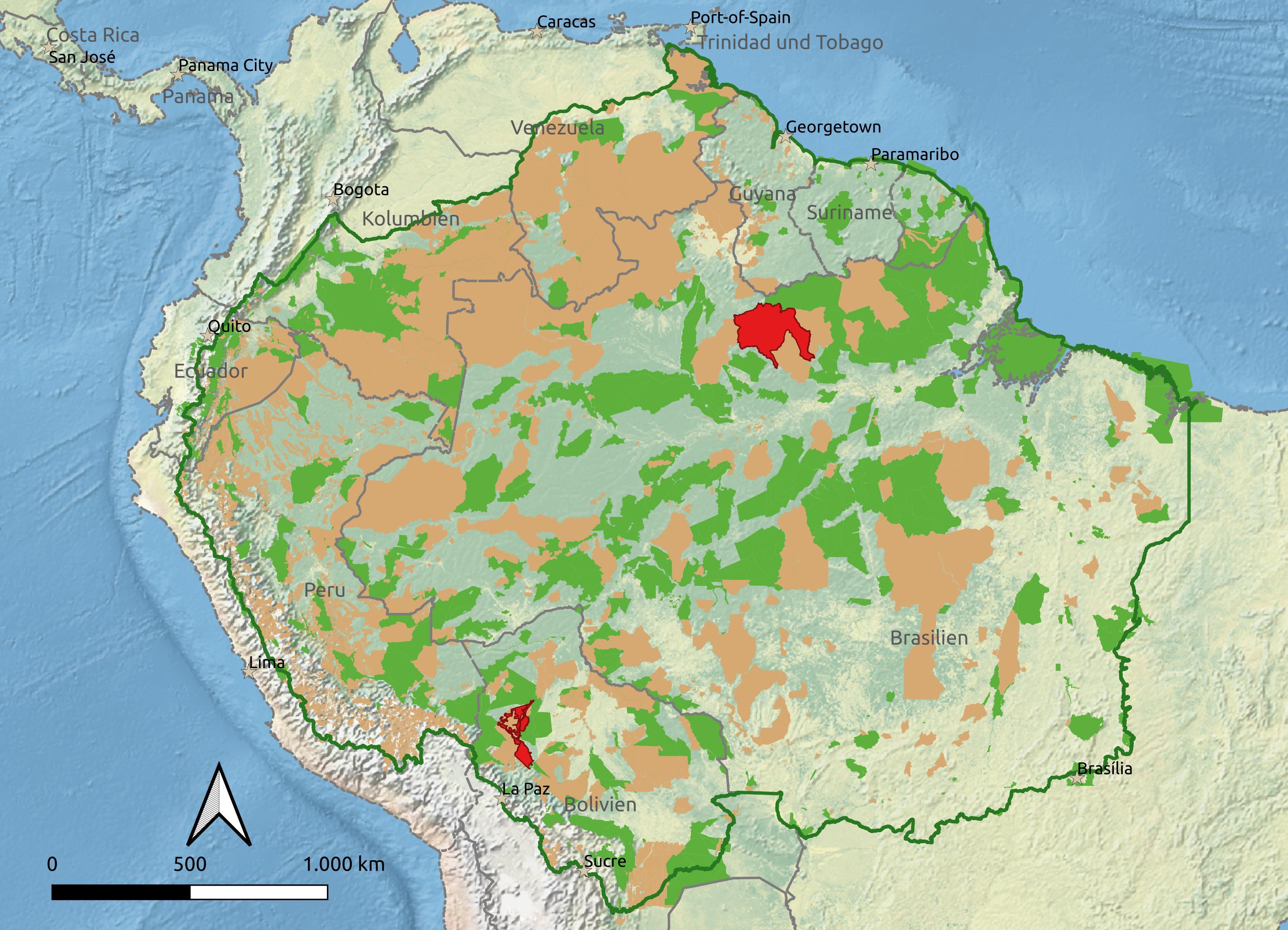 Marked in red are the territories of the Tacana, Tsimane', Mosetén, and Waiwai.