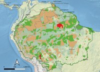 Marked in red are the territories of the Tacana, Tsimane', Mosetén, and Waiwai.